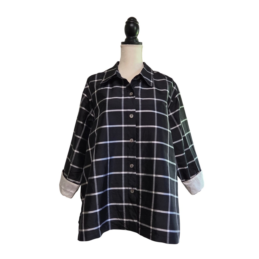 Linea By Louis Dell'Olio Silk Black & Silver Windowpane Button Front Shirt 2X